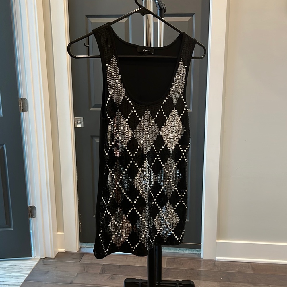 Express Black Tank Top with Silver Sequins
